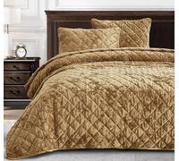 Chezmoi Collection Lux Caramel Gold Velvet Quilt Queen Set, 3-Piece Lush Plush Distressed Velvet Bedding All Season Lightweight Comforter Brushed Microfiber Reverse with Diamond Stitch Quilting