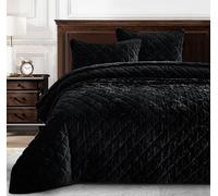Chezmoi Collection Lux - Parure de lit surdimensionnée en Velours Noir, 3 pièces en Velours Pelucheux d'aspect usé pour Toutes Les Saisons, Couette légère en Microfibre brossée avec matelassage à