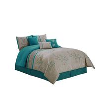 Chezmoi Collection Noriko Parure de lit 7 pièces Motif Fleurs de Cerisier avec Broderie Florale Bleu Sarcelle King Size