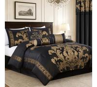 Chezmoi Collection Parure de lit 7 pièces livrées dans Un Sac en Jacquard Floral, mélange de Polyester pour très Grand lit, Noir et doré