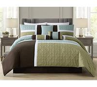 Chezmoi Collection - Parure de lit avec Housse de Couette en Patchwork, 7 pièces, Couleur Marron café/Vert Eau/Vert Sauge, pour lit King-Size