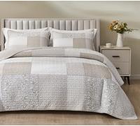 Chezmoi Collection Quinn Parure de Couette 3 pièces à Motif Patchwork rayé, Fleur Hibiscus, Neutre, Gris, Taupe, Blanc, avec Couvre-lit réversible, légère, en Coton pré-lavé, pour lit King Size