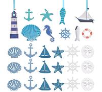 CHGCRAFT 34pcs 16Style Décorations Suspendues Nautiques en Bois Mini Ornement Marin de Plage Ensemble Ornements Muraux Côtiers de Plage pour la Fête D'Été Décor à la Maison, 45.5x44x3mm, Trou: 1.6mm