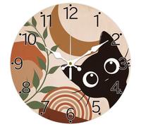 CHGCRAFT Horloge Murale Ronde en Forme de Chat Noir Branches et Feuilles Fonctionne à Piles Silencieuse sans Tic Tac Style Bohème pour Décoration de Bureau de Maison Ou de Cuisine