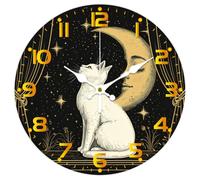 CHGCRAFT Horloge Murale Ronde Silencieuse à Piles Motif Chat Lune Ciel Étoilé Style Rétro Décorative pour Bureau Maison Cuisine