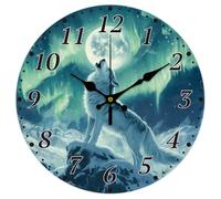 CHGCRAFT Horloge Murale Ronde Silencieuse à Piles Motif Loups Hurlants et Aurores Boréales 12(5) cm Décorative pour Bureau Maison Salon Chambre Salle de Bain Cuisine Loup
