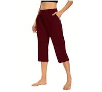 CHIACJYRSEDK Pantalon De Sport Femme 3/4 Taille Haute Pantacourt Élastique Été Coton Doux Jogging Survetement pour Yoga Randonnée Course À Pied Randonnée avec Poches Vin Rouge 3XL