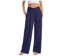 CHIACJYRSEDK Pantalon Femme Été Chic Élastique Taille Haute avec Poches Pantalon de Training Sport Yoga et Fitness Wide Leg Trousers Fluide Palazzo Plage Cordon de Serrage 4-Marine XXL