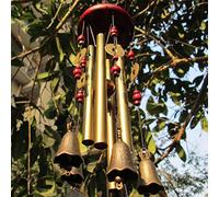 Chianrliu Carillon du vent, vous souhaite la prospérité: chinois traditionnel incroyable 4 tubes 5 cloches et base en bois Bronze Windchime pour patio extérieur, jardin et décoration intérieure