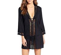 CHIC-CHIC Sexy Bikini Unique Sarong Mini Robe Dentelle Floral Décolletée Col V Haut Loose Robe De Plage (FR40-42, Noir)