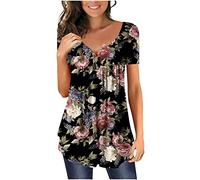 Chic Et Élégant Chemisier Femme Manches 3/4,T Shirt Imprimé Fleurs avec Plissé,Tee Shirt Col en V Blouse De Boheme Hauts avec Boutons,Décontractée Tunique Été Plage Travail Tunique Tops