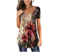 Chic Et Élégant Chemisier Femme Manches 3/4,T Shirt Imprimé Fleurs avec Plissé,Tee Shirt Col en V Blouse De Boheme Hauts avec Boutons,Décontractée Tunique Été Plage Travail Tunique Tops