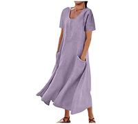 Chic Et Elegant Robes Femme Blanche Col En V,Robe En Coton Et Lin Longue Femme Ete,Vintage Robes Lâche Couleur Solide Style Bohème,Robe En Lin Grandes Tailles Avec Boutons Et Poches Pour Vacances