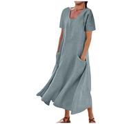Chic Et Elegant Robes Femme Blanche Col En V,Robe En Coton Et Lin Longue Femme Ete,Vintage Robes Lâche Couleur Solide Style Bohème,Robe En Lin Grandes Tailles Avec Boutons Et Poches Pour Vacances