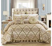 Chic Home Aubrey Parure de lit 9 pièces en Tissu Jacquard de qualité d'ameublement pour Chambre à Coucher avec Housse de Couette et taies d'oreiller, très Grand lit, Beige