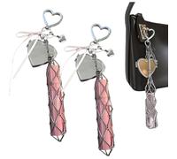 Chic Lip Gloss Holder with Mirror,2 in 1 Lipstick Holder Keychain,Small Bling Crystal Lipsticks Storage Bag Key Chain,Stainless Steel Mesh Bag Keychain Pendant (2pcsHeart)