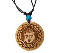 Chic-Net® Collier en Bois Rond Réglable Coton Om Bouddha Masque Doré Naturel Argent Peint Unisexe Femme Homme Femme Homme Pendentif Chaîne Collier Collier Bijoux Turquoise Pierre Fleur Soleil, Bois