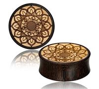 Chic-Net Piercing pour femme en bois de tamarin de crocodile foncé avec gravure mandala double évasée, Bois