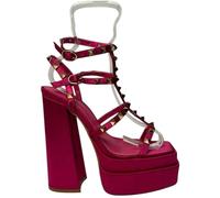 Chic Studded Multi-Strap Block Heel Platform Heeled Sandal Satin Fuchsia 4 (37) Female