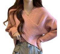 Chic V-Neck Long Sleeve Wrap Front Sweater, V Neck Long Sleeve Sweater Cross Wrap Front, Solid Color Undershirt (Pink,TG)