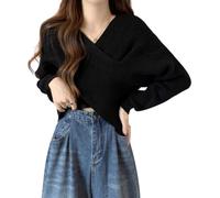 Chic V-Neck Long Sleeve Wrap Front Sweater, V Neck Long Sleeve Sweater Cross Wrap Front, Solid Color Undershirt (Black,TG)
