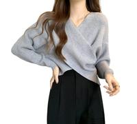 Chic V-Neck Long Sleeve Wrap Front Sweater, V Neck Long Sleeve Sweater Cross Wrap Front, Solid Color Undershirt (Gray,TG)