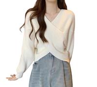 Chic V-Neck Long Sleeve Wrap Front Sweater, V Neck Long Sleeve Sweater Cross Wrap Front, Solid Color Undershirt (White,TG)
