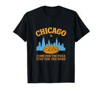Chicago City Pride Pizza & Wind Skyline Graphic Orange Bleu T-Shirt