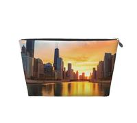 Chicago Downtown Sunset Prints Trousse de toilette de voyage en cuir PVC avec fermetures éclair dorées, organiseur étanche pour maquillage, articles de toilette et essentiels, Argenté., Taille unique