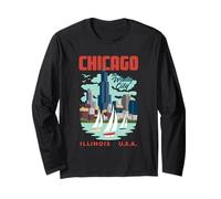 Chicago Skyline The Windy City Lake Michigan Sailing Retro Manche Longue