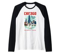 Chicago Skyline The Windy City Lake Michigan Sailing Retro Manche Raglan