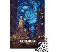 Chicago Starry Night Cityscape Puzzle pour Adultes De 1000 Pièces, 52x38cm/1000pcs; pour Progresser À Son Propre Rythme; Pièces Lisses en Carton Blanc