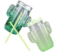 CHICAMPERA Lot de 2 Sets de Sets de Gobelets à Boire en Verre Forme Cactus Paille et Couvercle, Capacité 400ml, Design Créatif et Facile à Nettoyer, Cuisine et Réutilisable Couleur Aléatoire