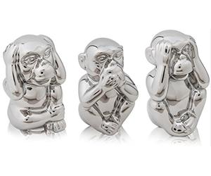 Chiccie Les trois singes sages - En céramique argentée 14 cm - Ne voit rien dire - Sculpture porte-bonheur
