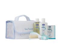 Chicco Baby Kit de soins bleu : Gel lavant 200ml, Baume corporel 200ml, Parfum 100ml, Brosse & Peigne, Trousse de toilette
