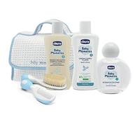 Chicco Baby Kit de soins bleu : Gel lavant 200ml, Baume corporel 200ml, Parfum 100ml, Brosse & Peigne, Trousse de toilette