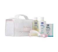 Chicco Baby Moments Set de soins rose : Gel douche 200ml, Lotion pour le corps 200ml, Eau de toilette 100ml, Brosse & peigne, Trousse de toilette - Idéal pour les soins doux de bébé