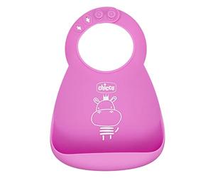 Chicco Bavoir Rigide Easy Roll, en Silicone Souple, Pratique, Imperméable, Facile à Nettoyer, Col Ajustable, avec Grande Poche, 6 Mois et plus, Rose