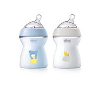Chicco Biberon Anticolique Natural Feeling, 2 Mois +, 250ml, Biberon avec Tétine en Silicone Souple et Flexible, Adapté à l'Allaitement Mixte, Bleu Clair et Neutre, 2 Pièces
