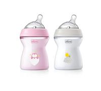 Chicco Biberon Anticolique Natural Feeling, 2 Mois +, 250ml, Biberon avec Tétine en Silicone Souple et Flexible, Adapté à l'Allaitement Mixte, Rose et Neutre, 2 Pièces