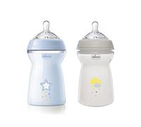 Chicco Biberon Anticolique Natural Feeling, 6 mois +, 330 ml, biberon avec tétine en silicone souple et flexible, adapté à l'allaitement mixte, débit rapide, bleu clair et neutre, 2 pièces
