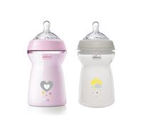 Chicco Biberon Anticolique Natural Feeling, 6 mois +, 330 ml, biberon avec tétine en silicone souple et flexible, adapté à l'allaitement mixte, débit rapide, rose et neutre, 2 pièces