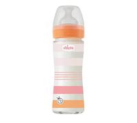 Chicco Biberon Bien-Être Débit Lent, Tétine Physio en Silicone Souple et Doux, Système Anti-Colique, Réduit les Régurgitations et L'Irritabilité, Biberon en Verre de 240 ml, 0 Mois et plus, Rose