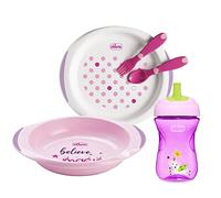 Chicco Coffret Repas 12M+, contient 1 tasse, 2 assiettes et couverts, fourchette et cuillère, set de sevrage pour bébé, Rose aléatoire