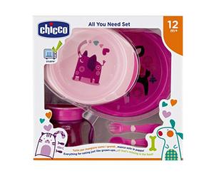 Chicco Coffret Repas 12M+, contient 1 tasse, 2 assiettes et couverts, fourchette et cuillère, set de sevrage pour bébé, Rose aléatoire