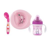 Chicco Coffret Repas (Assiette Maintien au Chaud + Assiette Creuse Décorée + Tasse Training + Cuillère Coudée) - Rose - 6M+