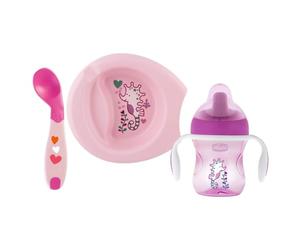 Chicco Coffret Repas (Assiette Maintien au Chaud + Assiette Creuse Décorée + Tasse Training + Cuillère Coudée) - Rose - 6M+