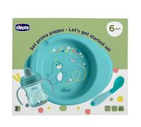 Chicco Coffret Repas Composé de Tasse Training Cup, Première Cuillère, Plat Hot Brew, Âge 6 mois +, 0% BPA, Bleu clair