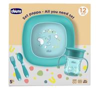 Chicco Coffret Repas, Contient 1 Tasse, Lot de 1 Bol et 1 Assiette Plan et Couverts, Fourchette et Cuillère, Set Sevrage Enfants, 12M+, Bleu clair