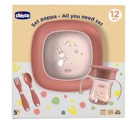 Chicco Coffret Repas, Contient 1 Tasse, Lot de 1 Bol et 1 Assiette Plan et Couverts, Fourchette et Cuillère, Set Sevrage Enfants, 12M+, Rose